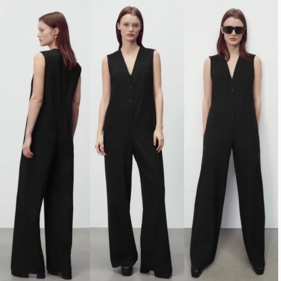 ZARA BLACK CREPE SLEEVELESS BUTTON FRONT TUXEDO JUMPSUIT WITH V-NECK - Picture 1 of 9